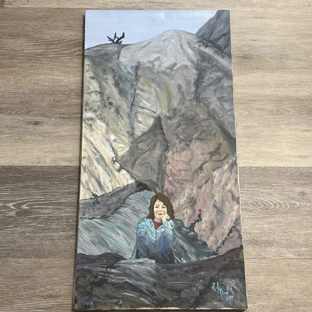1997 Signed Original Mountain Landscape Portrait Painting 12x24 Fredrix Canvas